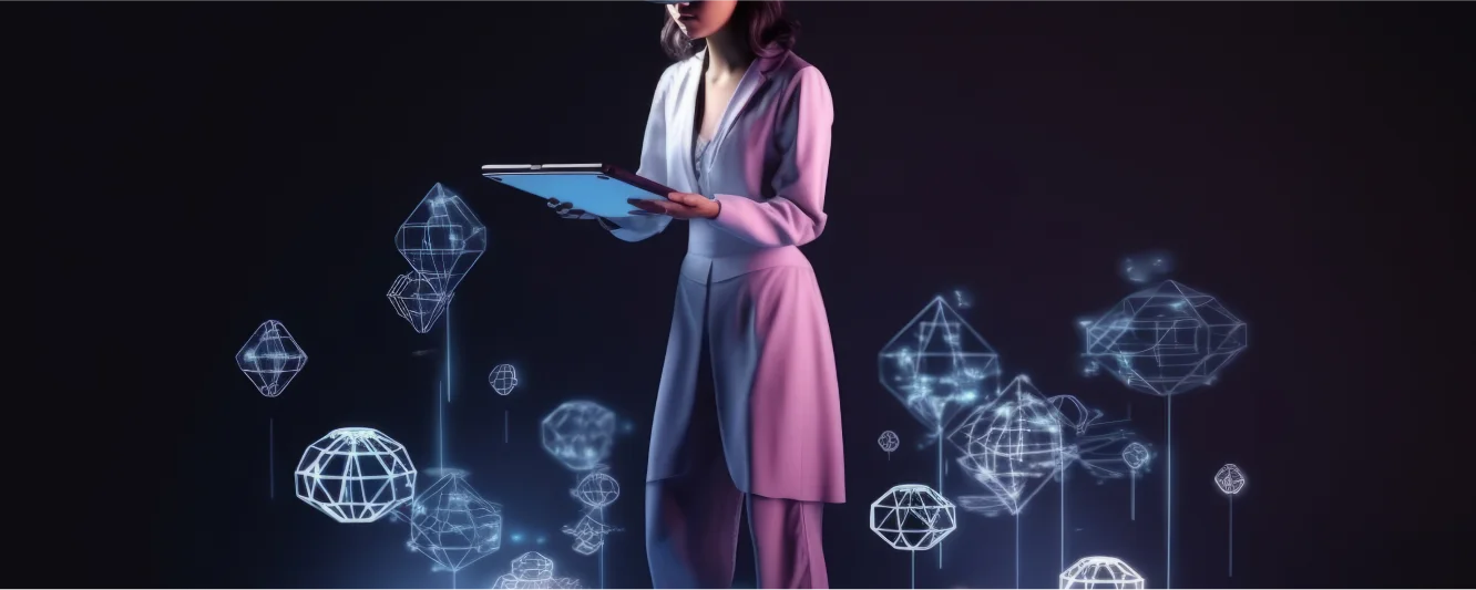 a woman holding a tablet in front of a computer screen