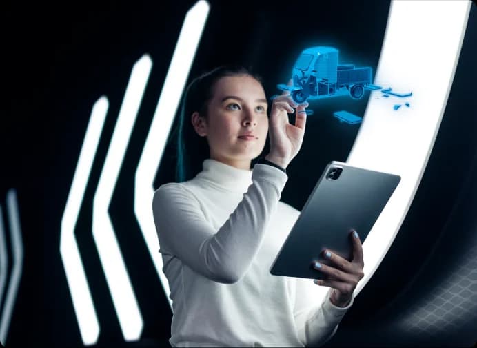a young woman using a tablet computer in a futuristic setting